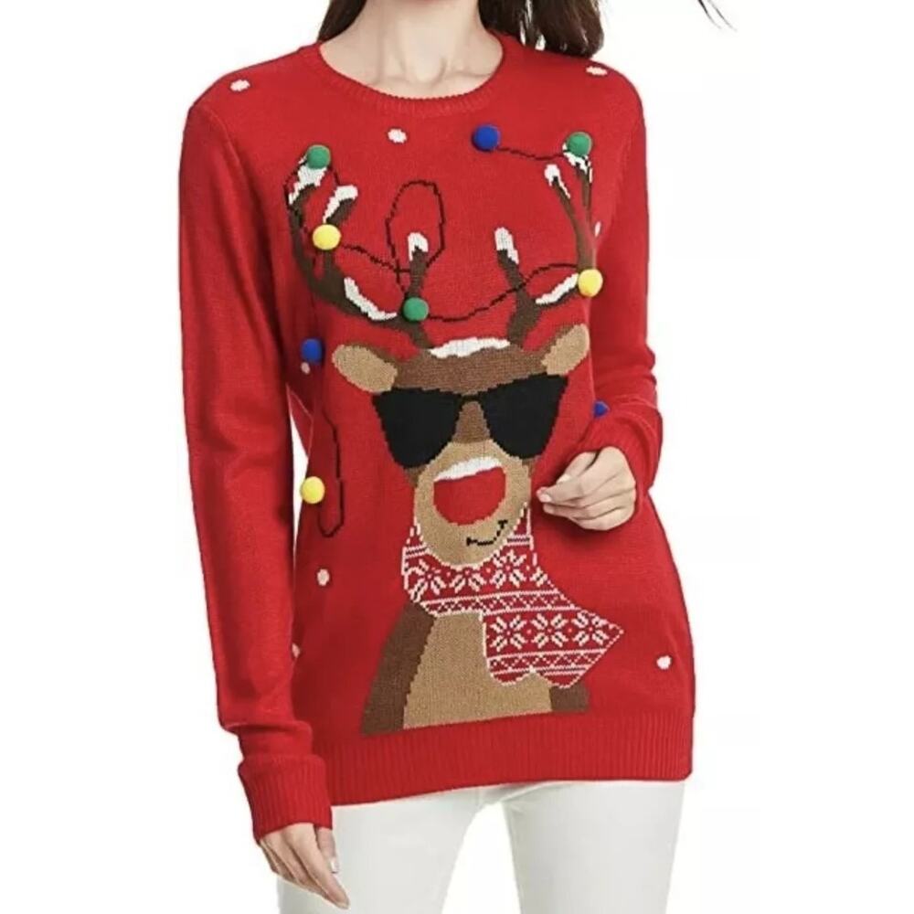 VTG V28‎ Merry Christmas Red Reindeer Pom Pom Sweater Size 2XL XXL Vintage